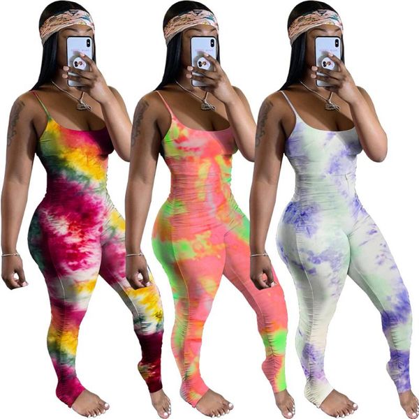 

tie dye pint strap bodycon stacked ruched pleated jumpsuit women skinny club outfits rompers one piece skinny playsuit, Black;white