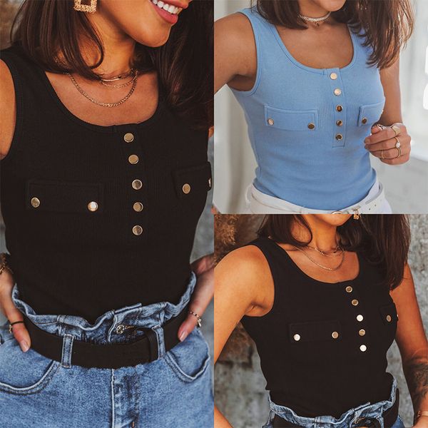 

casual fashion sleeveless buttong balck blue women summer tshirt women tank off shoulder summer shirt, White