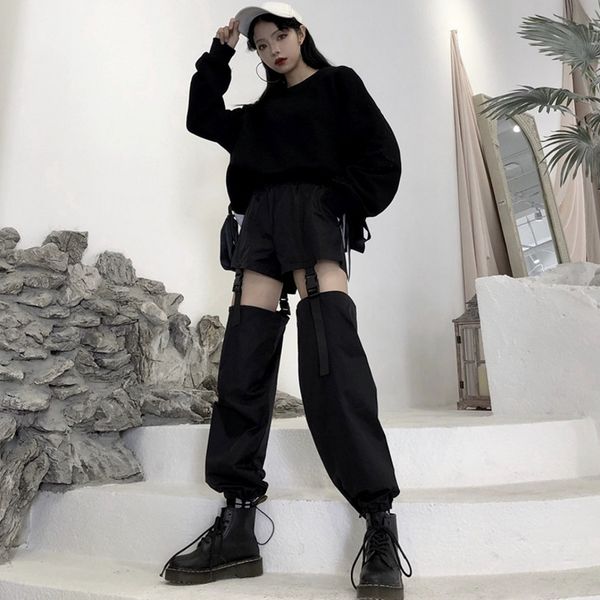 

streetwear style solid hollow out loose elastic waist high waist capris bf harajuku women's clothing harem pants korean style, Black;white