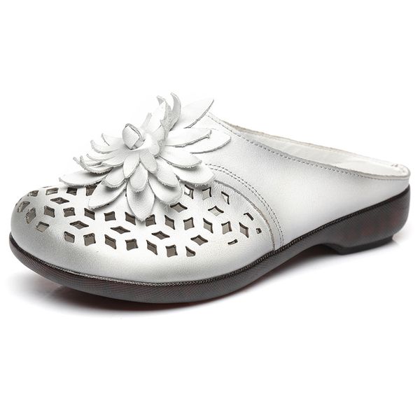 

women genuine leather slippers flat heels summer shoes for women flower hollow slippers mule handmade slipper, Black
