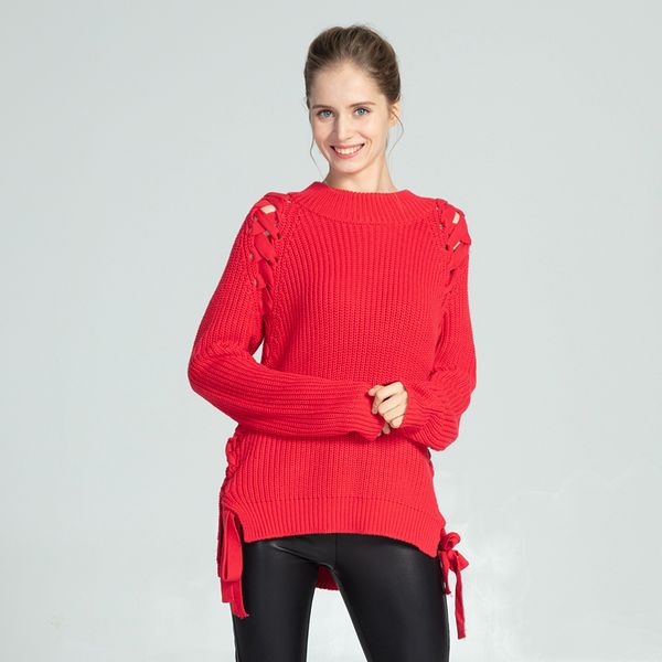 

faishoin new-coming winter thick knitted high street style warm soft lace up women sweaters o-neck female pullovers, White;black