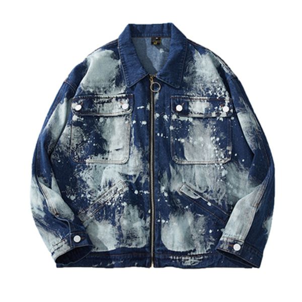 

high street men denim jackets trend casual graffiti tie dye snow washed zipper parka clothes sweater outerwear hip hop coats, Black;brown
