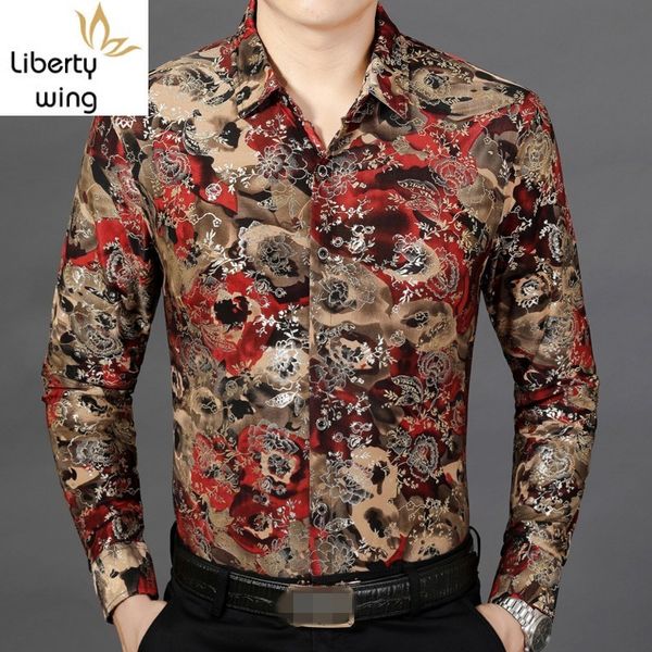 

men's casual shirts autumn men long sleeve fashion square collar flower print satin shirt single breasted business formal plus size, White;black