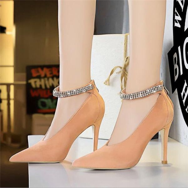 

women's fashion shoes woman slip-on thin heel high heels pointed toe rhinestone zipper wedding shoe nightclub pumps d3, Black