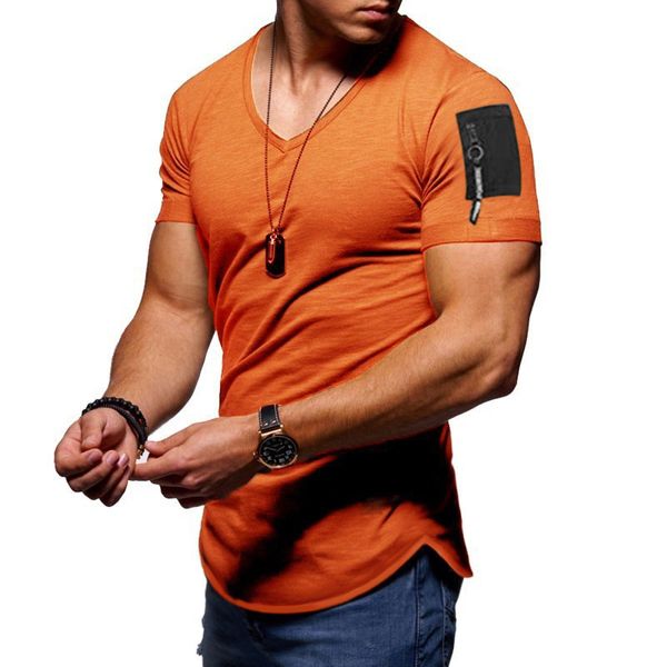 Летняя мода бренд тонкий с короткими рукавами футболка мужская рука молнии фитнес V-образным вырезом мужская футболка хлопок повседневная топ-местный размер M-3XL