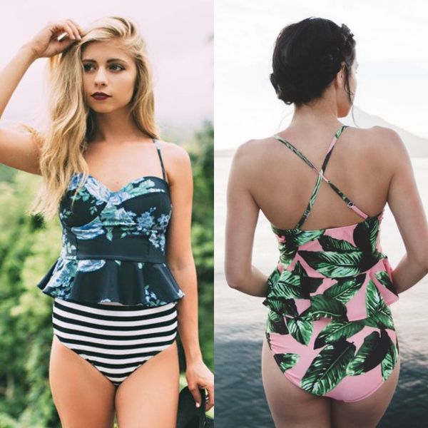 

2019 new printed striped high waist bikini fashion ladies swimsuit, Black;white