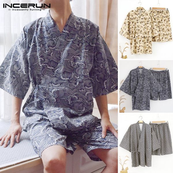 

incerun men pajamas sets japanese kimono suit short sleeve & shorts print homewear couple sleepwear sets lace up men pajama, Black;brown