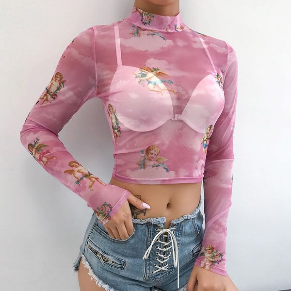 New Fashion Women See-through Sheer Mesh Fishnet T-Shirt Crop Top Cute Angel Stampato Femminile Summer Mesh Top Taglia (S M L)