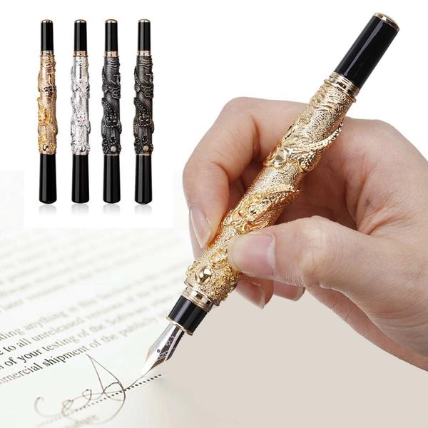 

vintage fountain pen double dragon playing pearl 3d embossed fountain pens for office school supplies students men luxury gift
