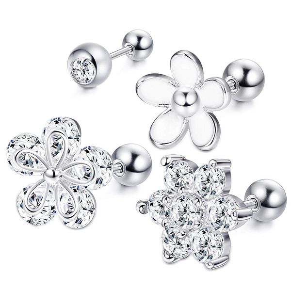 

4 pieces body piercing ladies flower ball earrings ear cartilage for tragus zirconia body piercing silver surgical stainless, Golden;silver