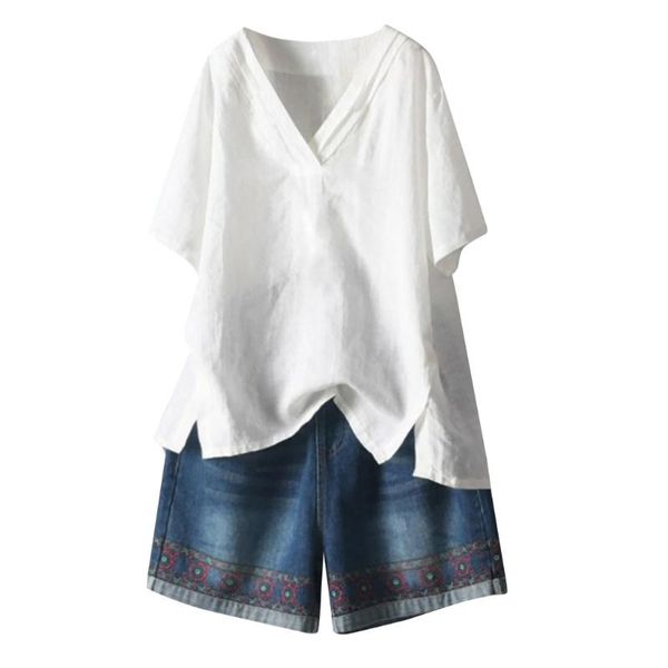 

2020 women blouses shirts casual long sleeve button v neck solid loose shirt lady cotton linen blouse plus size 5xl shirt, White