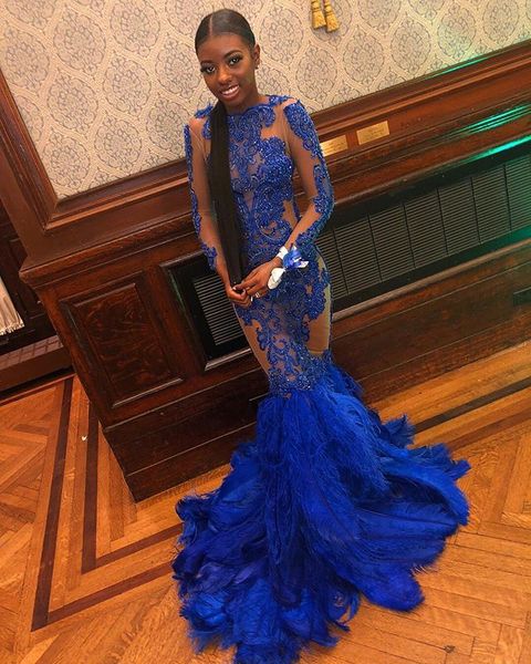 

royal blue mermaid prom evening dresses 2019 see through feather appliqued formal party gown long sleeve pageant dresses, Black