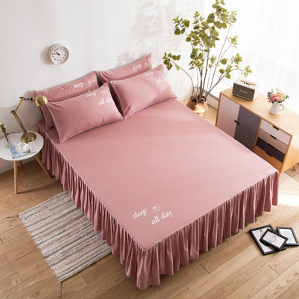 

solid bedding set cotton bedspread pillowcases 3pcs/lot korean mattress cover with elastic band single double bed skirt sweet