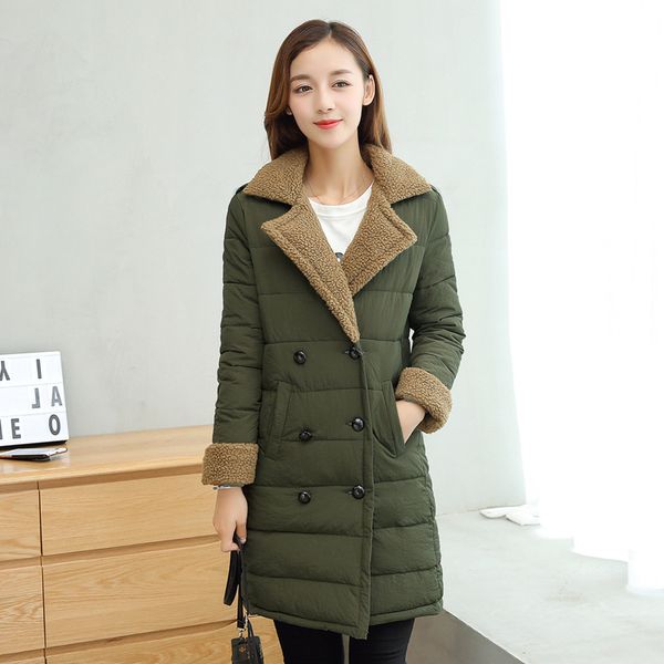 

slim long cotton coat women's winter double-breasted long-sleeved lapel solid color lambskin cotton suit, Black
