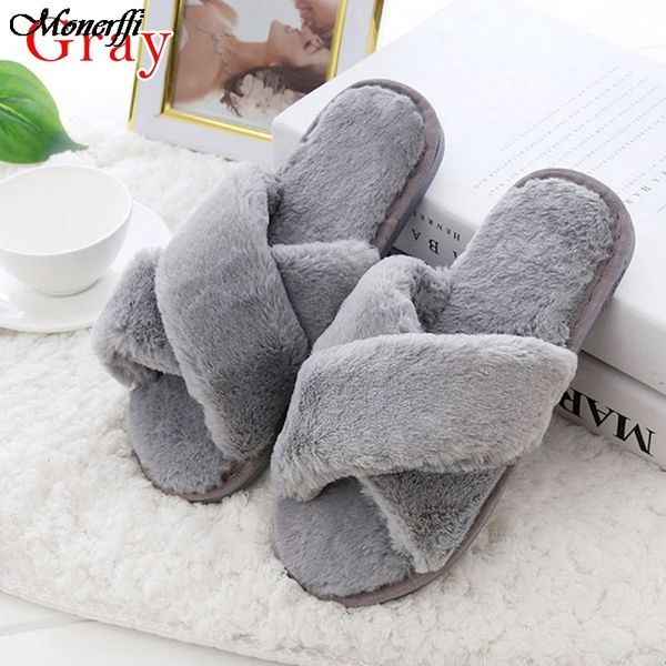 

winter home shoes women house slippers warm faux fur ladies cross soft plush furry female open toe slides fashion shoes, Black