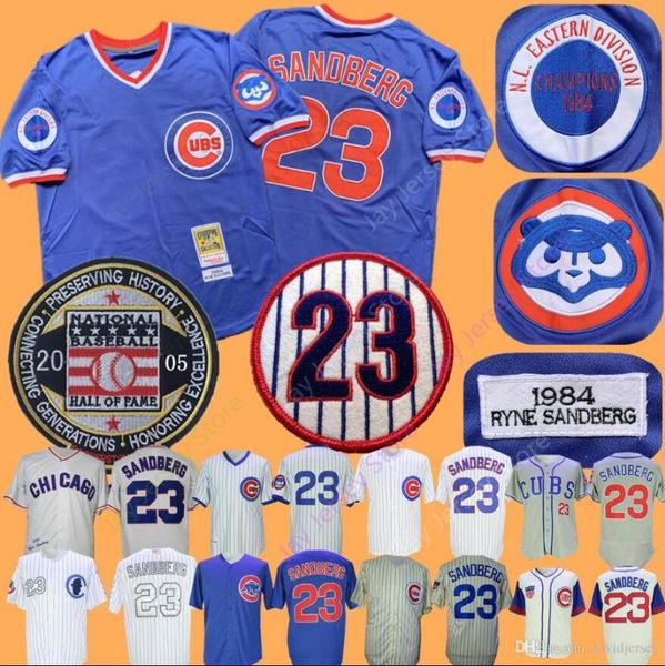 

Custom Chicago Ryne Sandberg Jersey Baseball 2005 Hall Of Fame Patch Cubs Jerseys 1984 Blue Pullover Cream Pinstripe Grey White Men Women