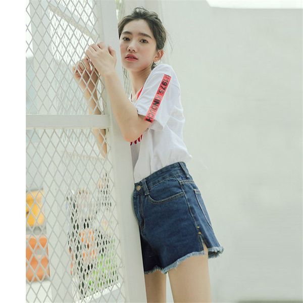 

2019 summer korean version of the new high waist loose skinny denim short, Blue