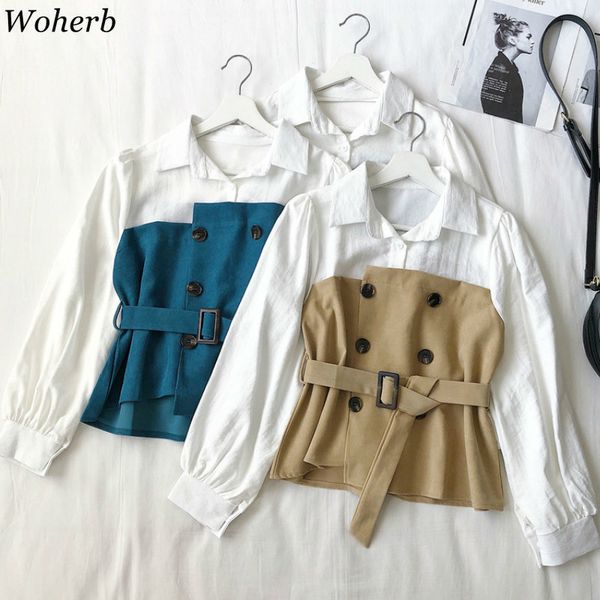 

woherb autumn new patchwork double breasted blouses turn down collar long sleeve shirts fake two piece korean fashion 91206, White
