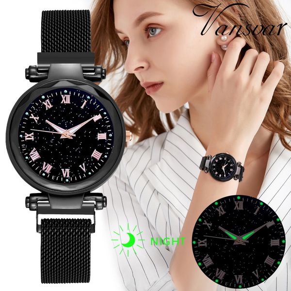 

quartz wristwatch relojio mujer simple starry dial stainless steel mesh belt ladies watch gift women gift #2, Slivery;brown
