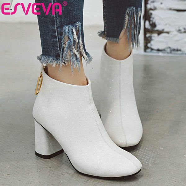 

esveva 2020 women shoes ankle boots pointed toe elegant pu leather square high heel zipper motorcycle platform boot size 34-43, Black