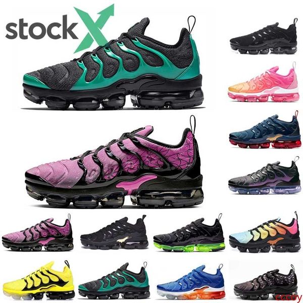 

stock x tn plus men women running shoes triple black volt megatron eagles active anthracite fuchsia runner trainer mens des chaussures
