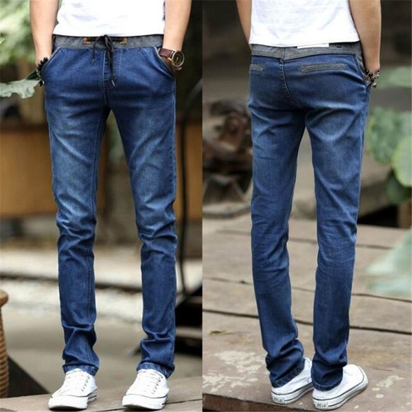 

men's fashion casual vintage elastic wash disstressed denim slim trousers jean men blue jeans pants slim fit loose vaqueros