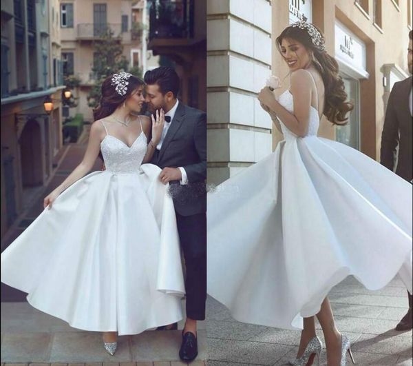 

saudi arabic short wedding dresses spaghetti straps lace ruched bridal gowns stain vestido de novia custom made wedding dress, White