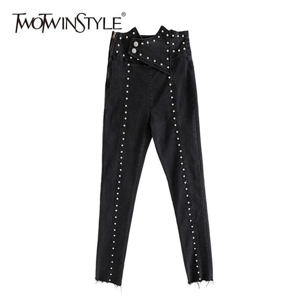 

twotwinstyle heavy заклепки лоскутная denim брюк для женщин высокой талией нерегулярное голеностопного длина джинсы женщины 2019 уличная мод, Blue