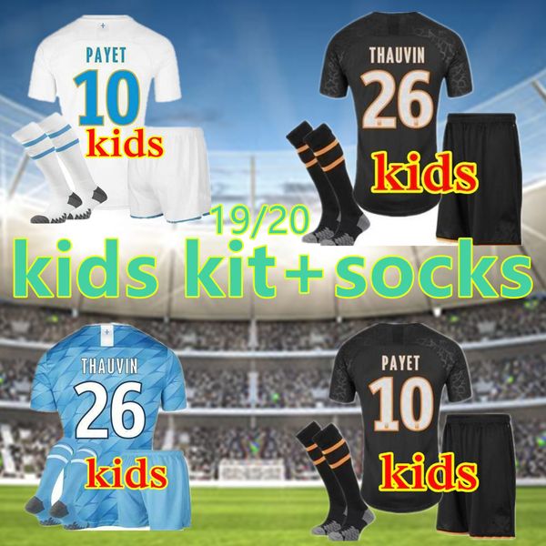 

19 20 olympique de marseille soccer jersey kids kit youth boys 2019 2020 om marseille benedetto payet thauvin l.gustavo football shirts, Black