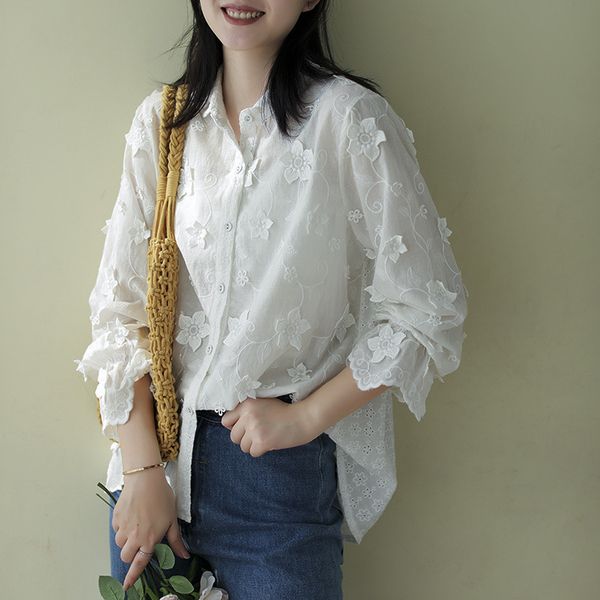 

nini wonderland embroidery white shirt female long sleeve flower elegant 2020 spring clothes for women vintage retro shirts