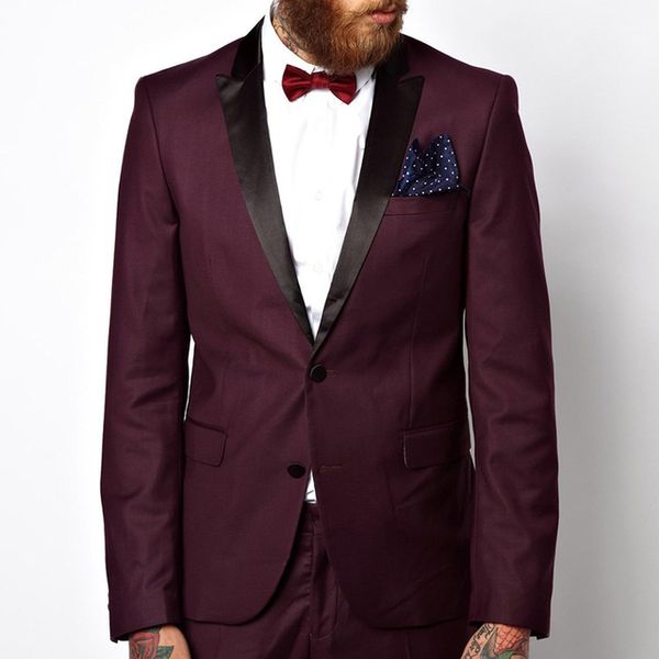 

2019 burgundy evening party men suits black peaked lapel blazer two piece wedding groom tuxedos custom made jacket pants, Black;gray