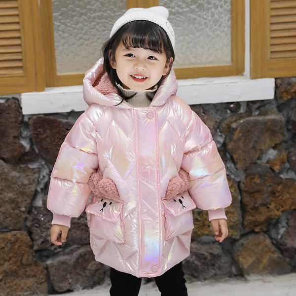 

children bright face down jacket kids thicken warm outdoor down coat girls long jacket infant cartoon pocket coat, Blue;gray