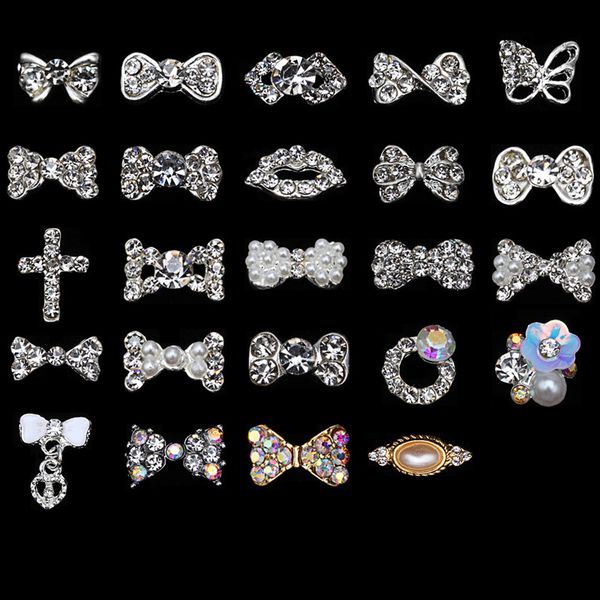 

glass nail rhinestone 3d three-dimensional carved flat back ab crystal charm jewel pearl bow diy manicure nail art ornament 1pc, Silver;gold
