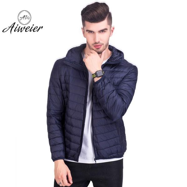 

aiweier] men's down jackets ultralight down jacket thin zipper solid plus size loose keep warm hooded casual male coats outwear, Black