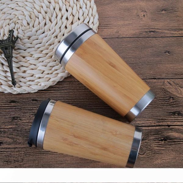 

coffee mugs stainless steel thermos tumbler cups with lid banboo shell vacuum water bottle tea mug 450ml yw3606