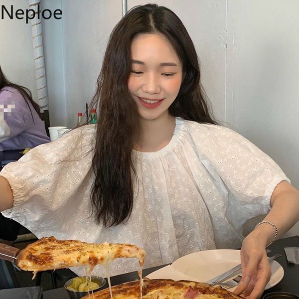 

neploe flower embroidery backless drawstring blouse women solid o neck puff sleeve ladies blusa fashion casual female 1b633, White