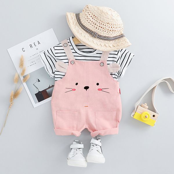 

summer clothing striped strap shorts set toddler baby kids boys girls stripe tee bear cat overall pants outfits suits, White