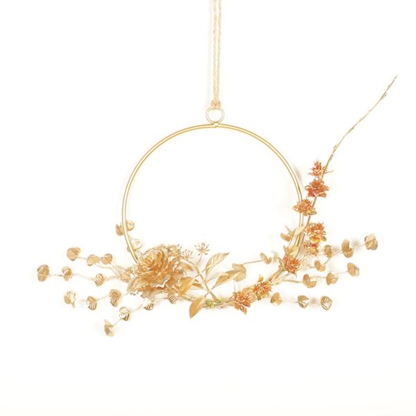 

gold finished metal round frame artificial flowers wreath garland pendant for wall window wedding party home decor