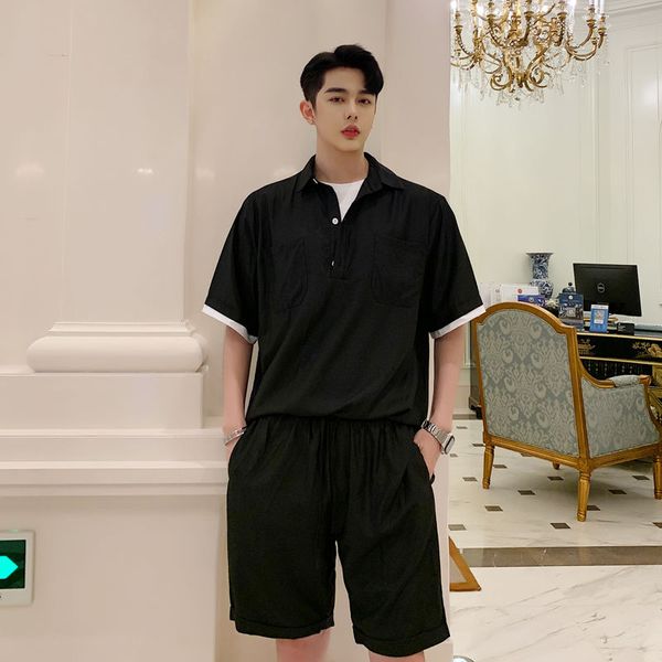 

ewq / men's wear 2020 summer new two pieces set for male short sleeve pullover + loose casual shorts pants set 9y1665, Gray