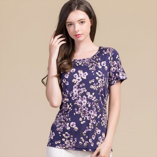 

silk short sleeve women's round collar printed pullover t-shirt mulberry silk loose large t-shirt dress size middle-aged women's d, White