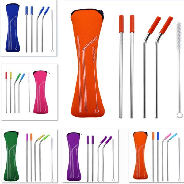 

metal straws sets with silicone tip cover reusable straight bent drinking 30 20oz straws travel neoprene storage zipper bag hh7-1755a