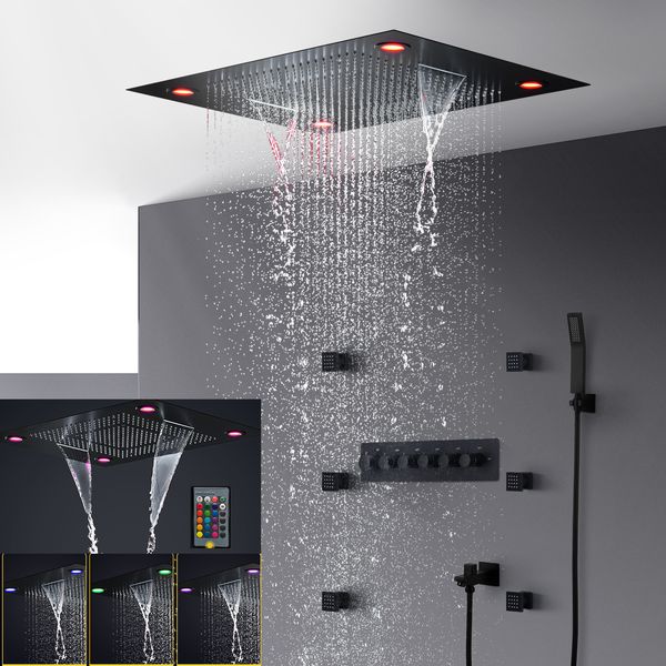 

bathroom electric led shower set matt black concealed ceiling large rainfall shower head waterfall body jets 2 inch massage shower system