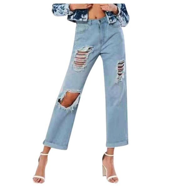 

summer fashion high waist denim female flare jeans for women hole bell bottom mom jeans wide leg skinny pants femme#y4, Blue