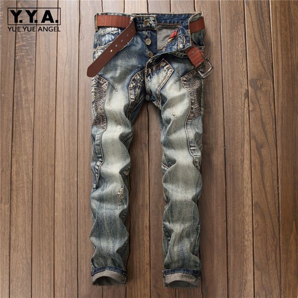 

european style mens jeans punk biker trousers male streetwear personalized straight leg vintage slim fit denim pants men clothes, Blue