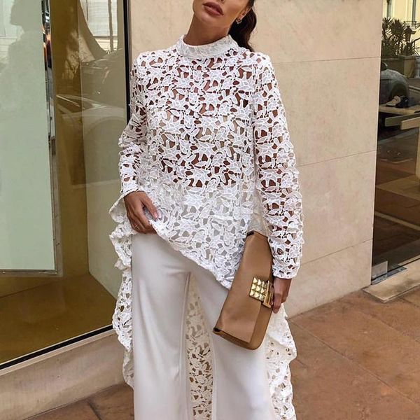 

2019 autumn women fashion elegant casual patchwork flounced dip hem crochet irregular hollow out see through blouse, White