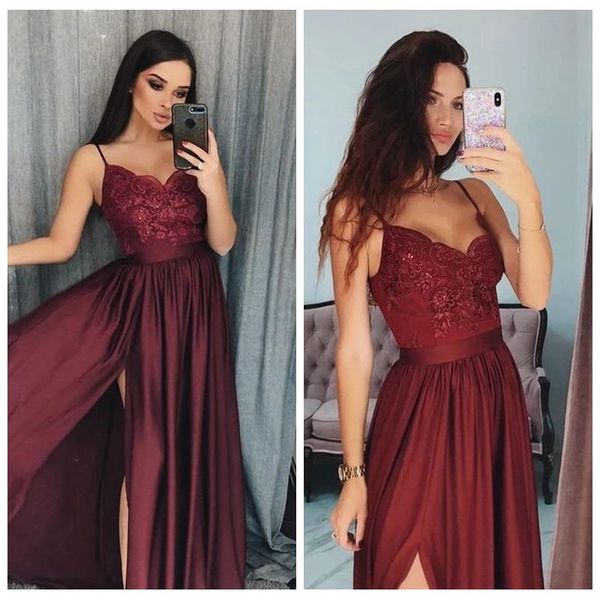 

бретельках атласная a-line vintage пром платья шнурок аппликации с высокой щелевая бальные платья онлайн длина пола дешевые вечерние платья, Black