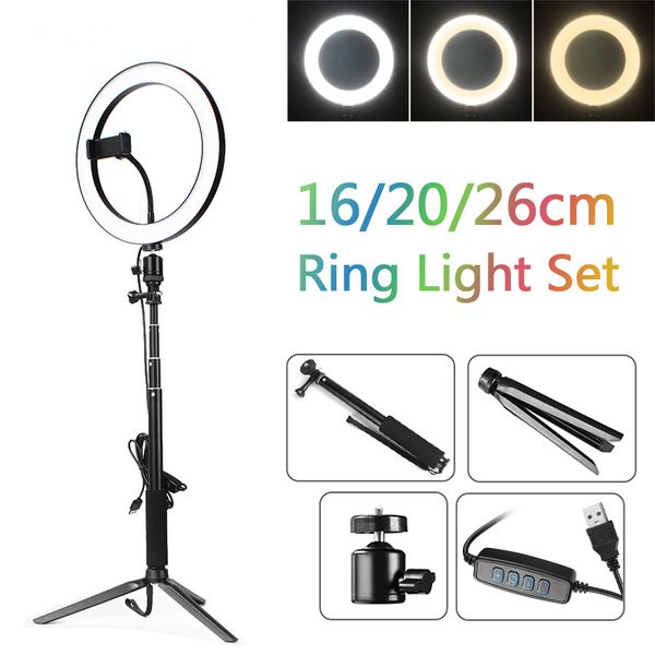 LED Studio Camera Ring Light Fotografia 16cm 20cm 26cm Photo Camera Ring Light con treppiede USB Plug per supporto telefono Make Up