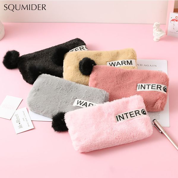 

5 colours cute soft plush pencil case for girls kawaii hairball pen bag box stationery pouch gift school supplies for girls