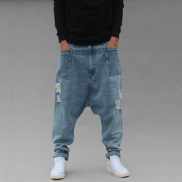 

distressed streetwear ripped harem jeans men casual loose baggy trousers hip hip dropcrotch denim pants male clothes big size, Blue