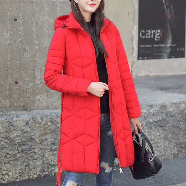 

winter long jacket casual thick long hooded coat down cotton jacket parka sleeve oversize outerwear casaco jaqueta feminina, Black;red